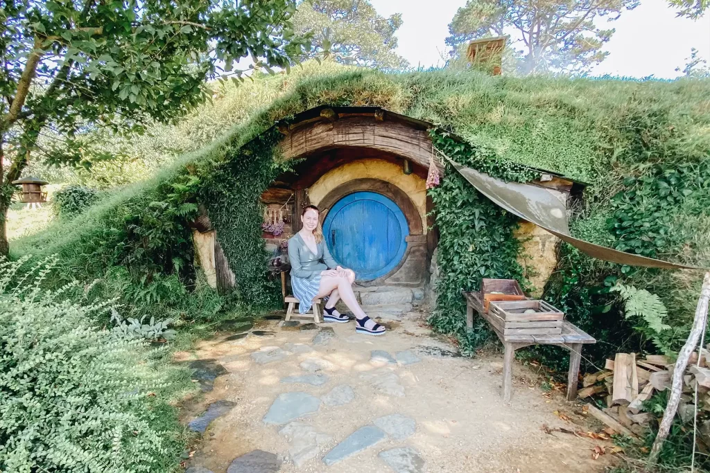 Elle McFadzean at Hobbiton in garden.