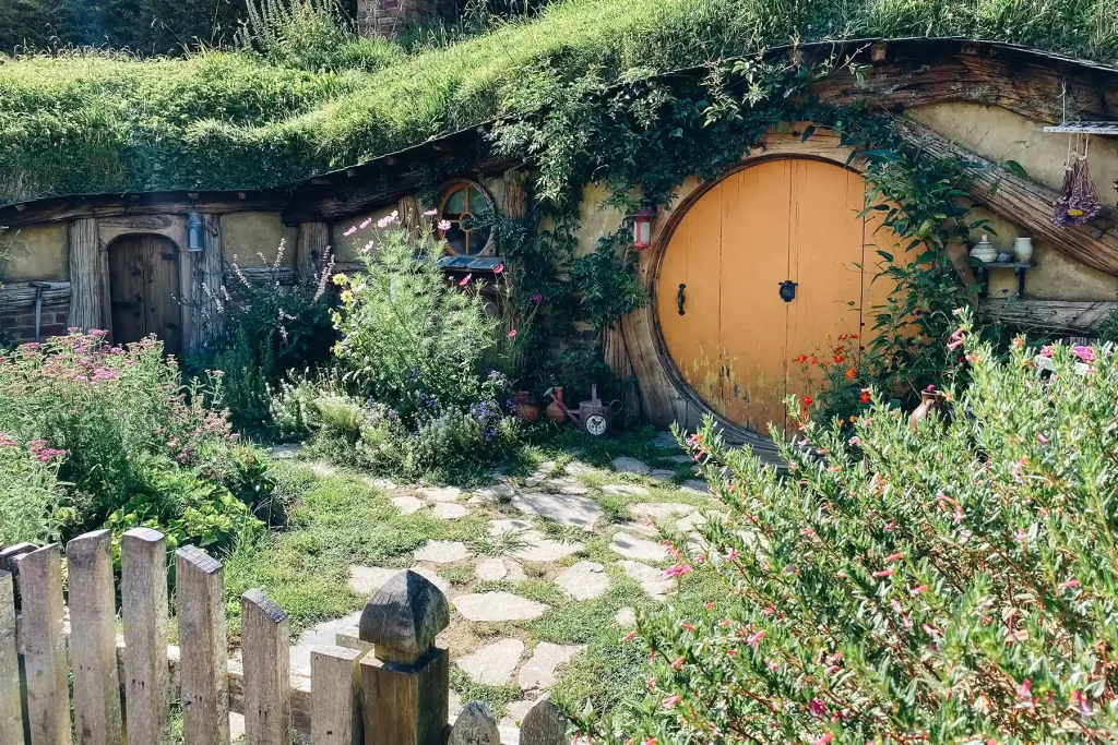 Hobbiton garden and yellow door.