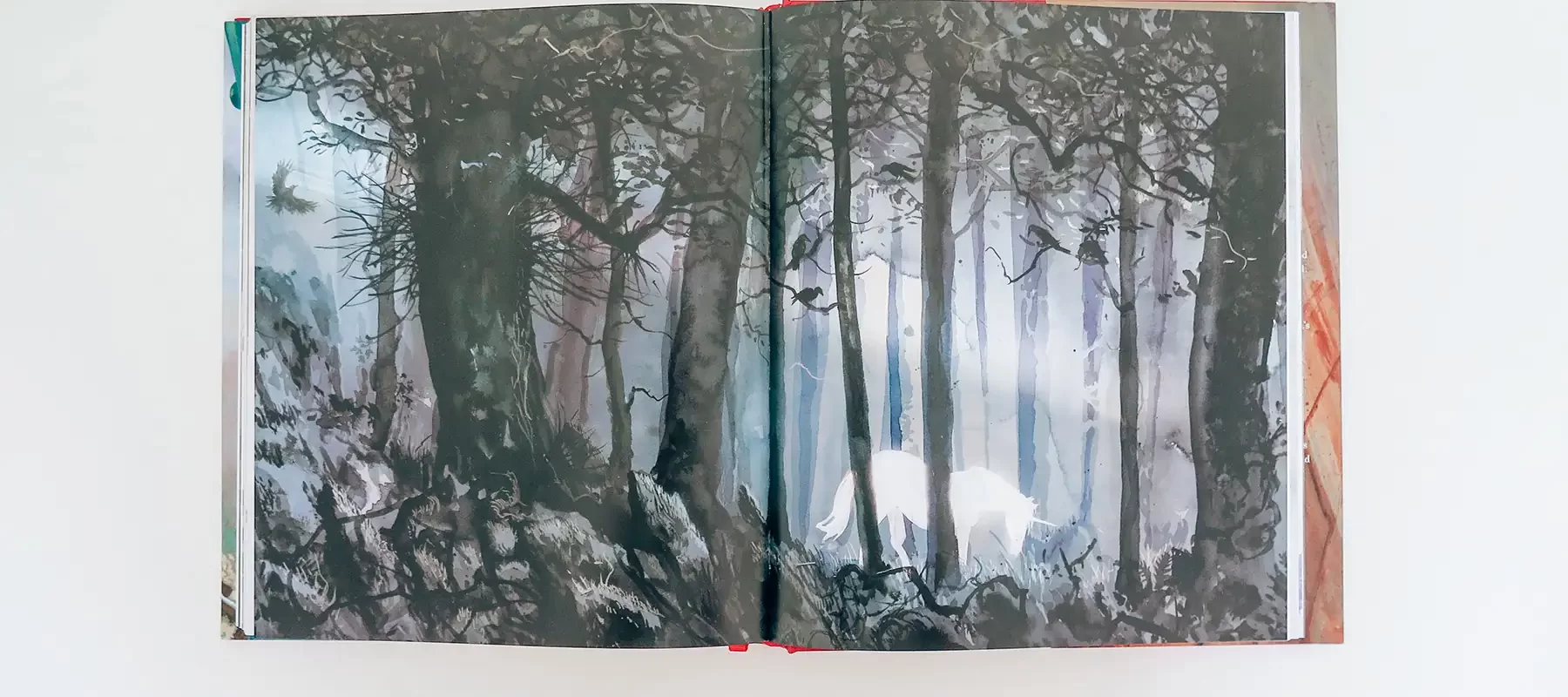 Open book spread of an illustration of the Forbidden Forest from Harry Potter for the blog post 5 Reasons to Read Fantasy.