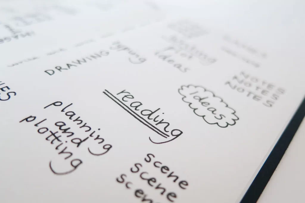 Notebook with story notes.
