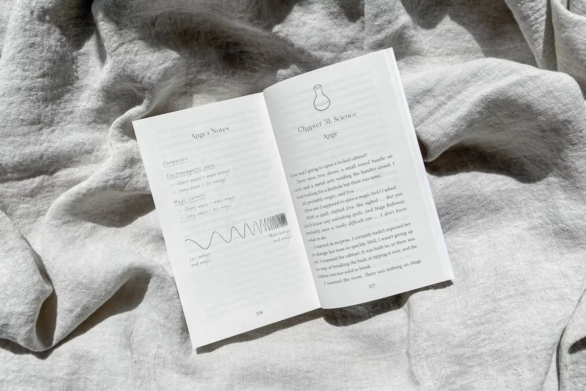 The Potion Experiment by Elle McFadzean, spread with magic currents diagram and STEM in children's fiction.