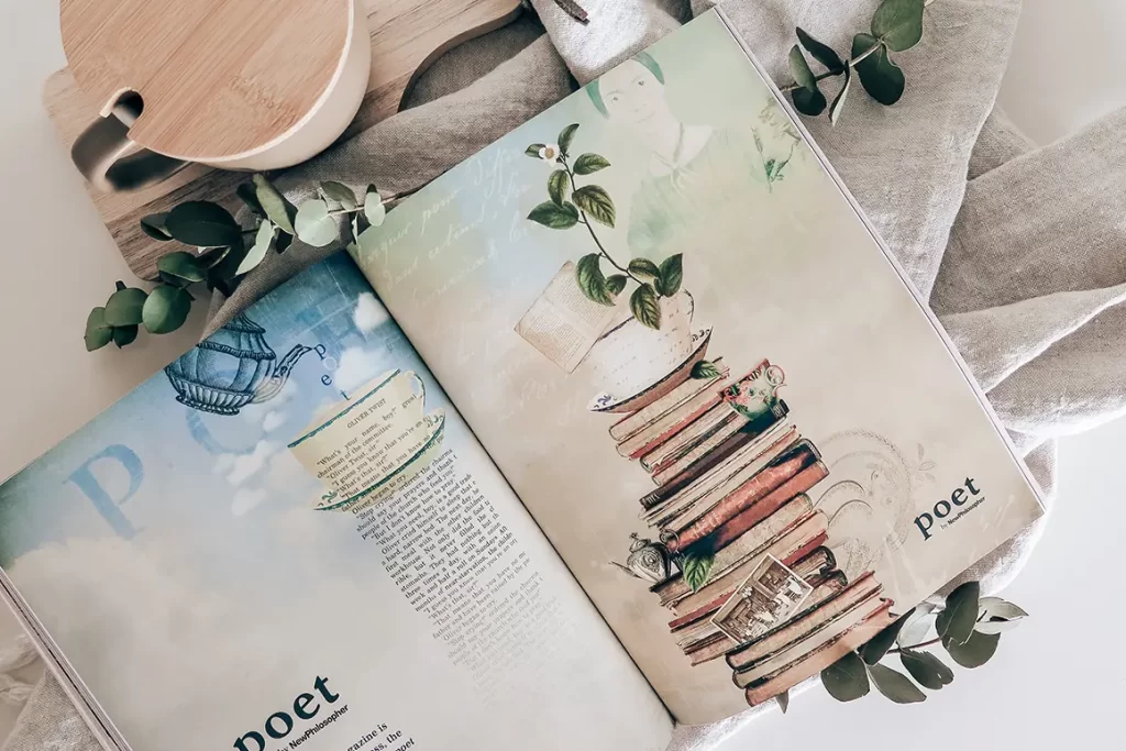 Magazine spread open to show an illustration of a book stack and tea cup.
