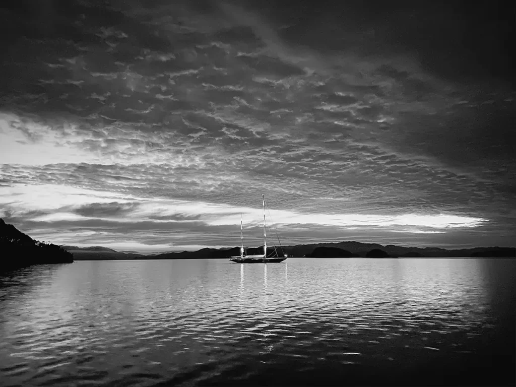 Sunset at Bay of Islands black and white.