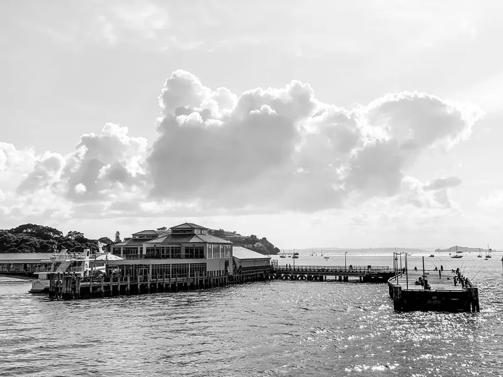 Auckland ferry view black and white.