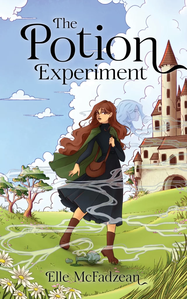The Potion Experiment book cover. Protagonist Ange standing in front of a sandstone castle with a broken potion vial before her.