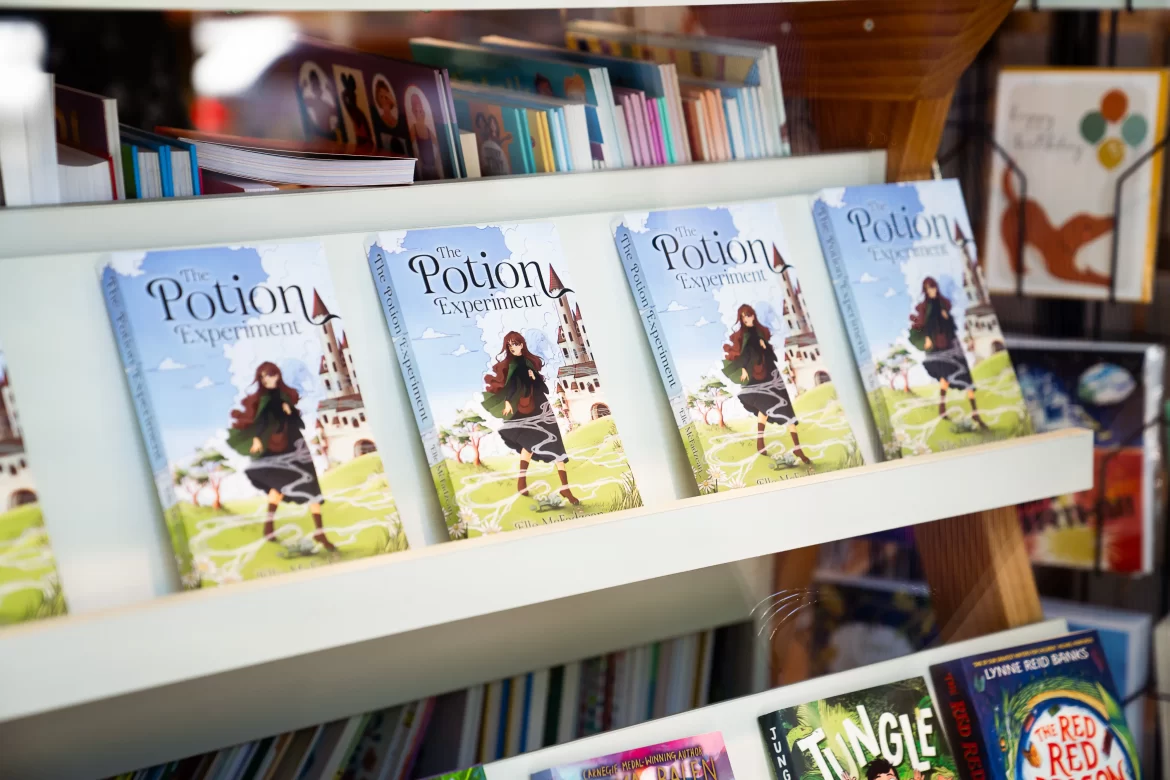 The Potion Experiment by Elle McFadzean in a window display at Readings Kids for the book launch event where she was interviewed.