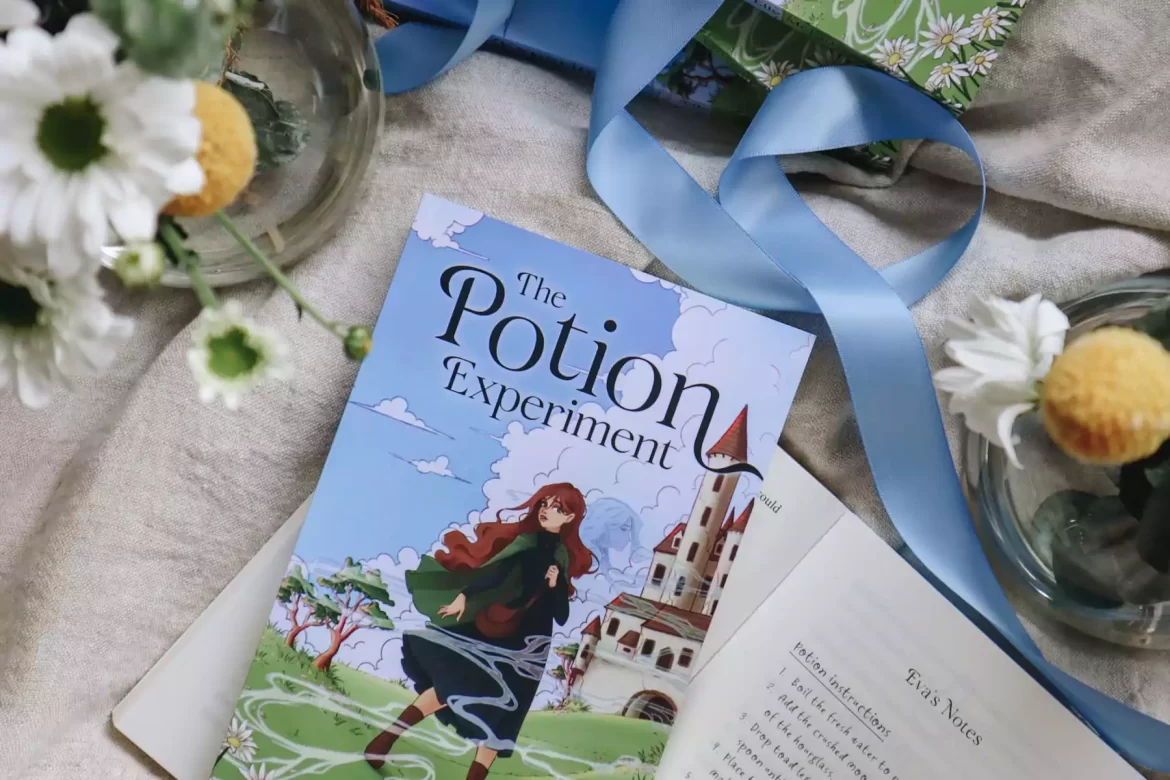The Potion Experiment books surrounded by flowers and blue ribbon for a literary festival