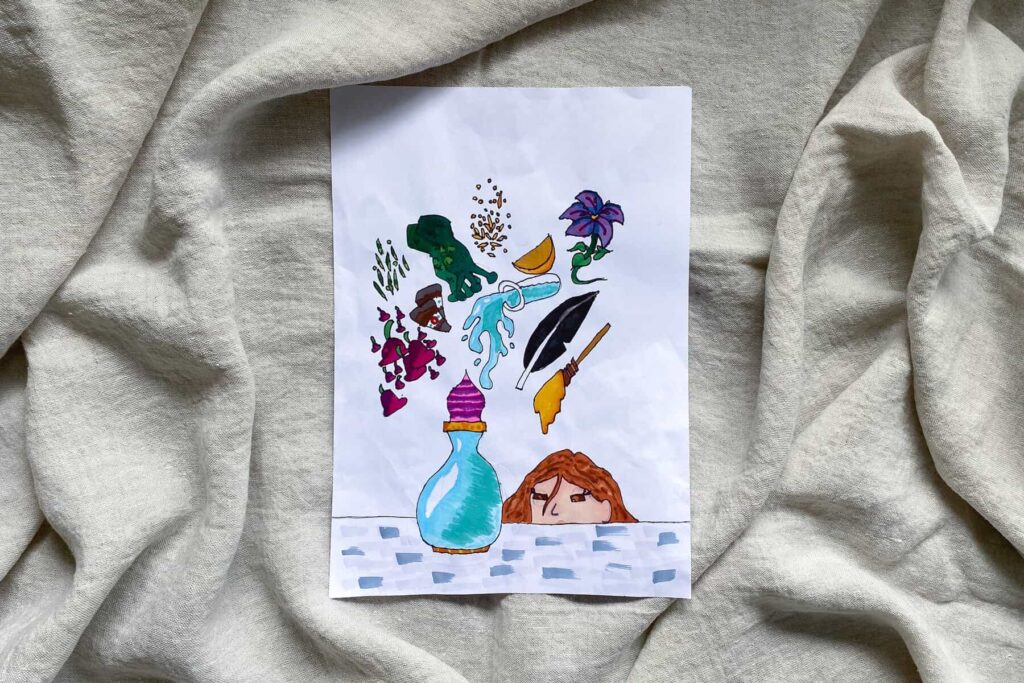 First fan art for Elle McFadzean's novel The Potion Experiment, showing the collection of ingredients used to brew the potion.