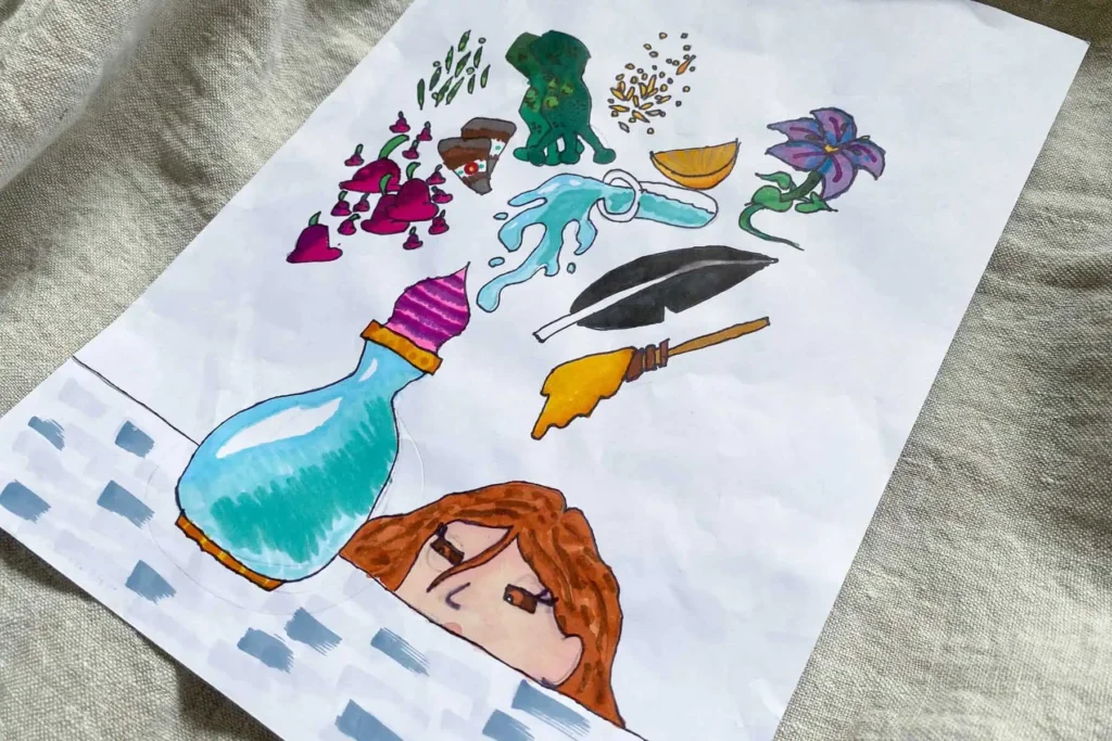 First fan art for Elle McFadzean's novel The Potion Experiment, showing the collection of ingredients used to brew the potion.